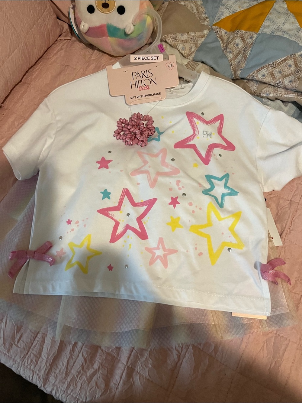 Paris Hilton Kids White Star Graphic Tee with Tulle Trim